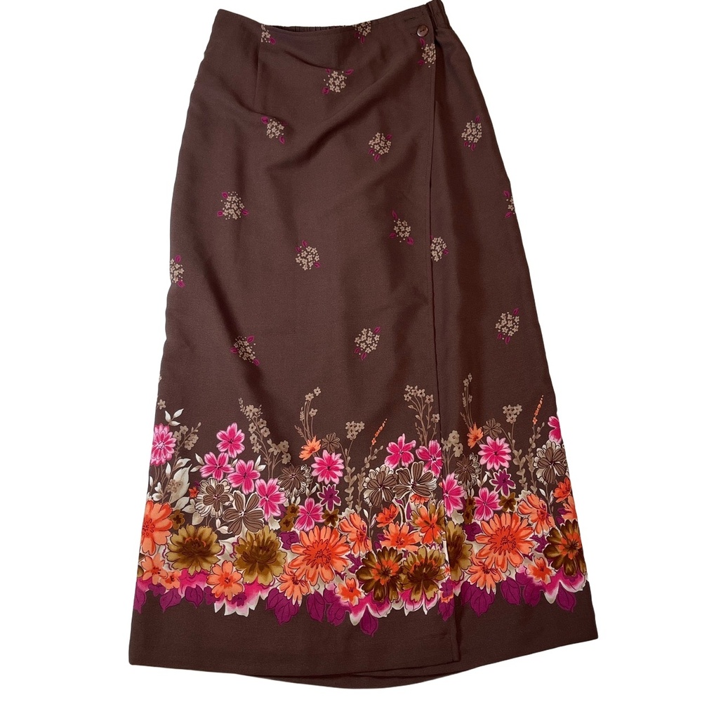 Sag Harbor Brown Floral Pattern A Line Side‎ Button Midi Skirt Petite Size 8P